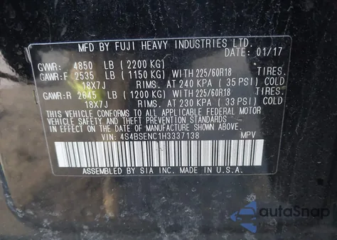 2017 Subaru Outback 3.6R Limited from USA, damaged, VIN 4S4BSENC1H3337138